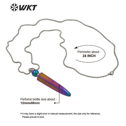 WT-N1281Wholesale Gold Titanium Electroplated Rainbow Blue Crystal Quartz Perfume Bottle Necklace for Essencial Oil