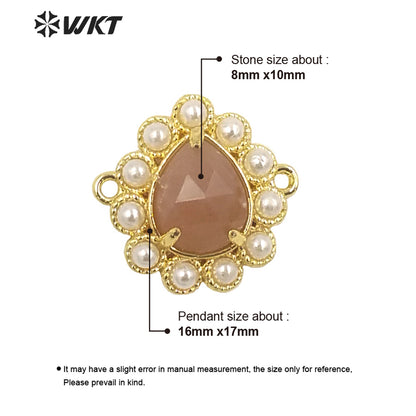 WT-PC008 Delicate Fashion 18K Real Gold Plated Resist Tarnishable Gemstone Carved Drop Pearl Connectors
