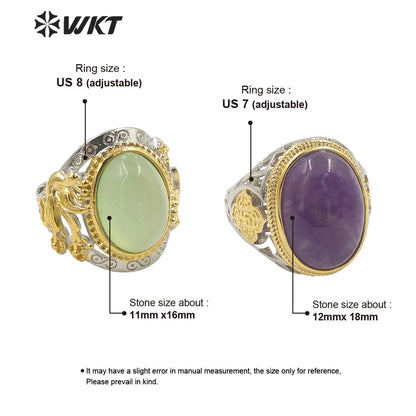 WT-R408 Noble Design Hollow Carved Flower Intricate Craft Rings Round Natural Amethyst Rings Adjustable Natural Stone Rings