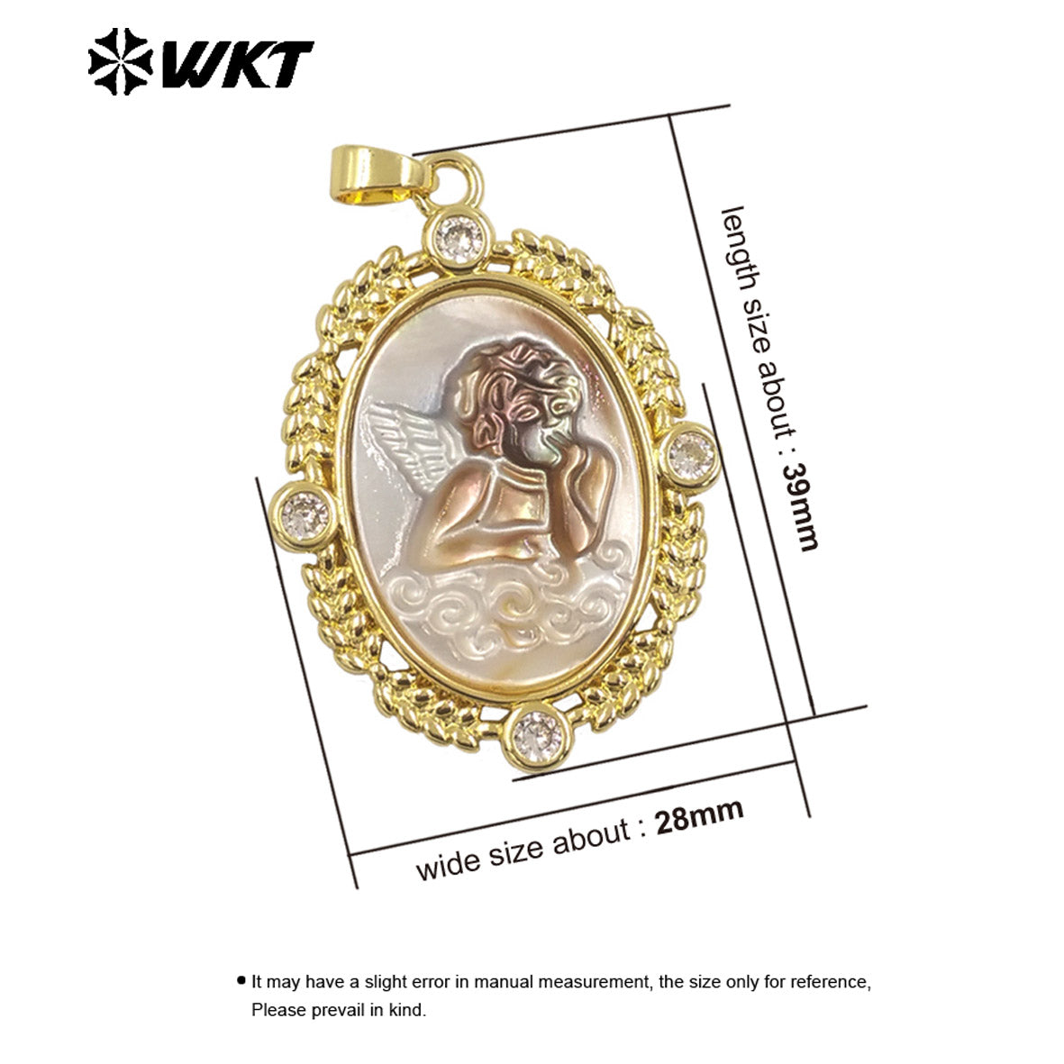 WT-JP371 Wholesale Fashion Gold Plated Oval Shape 18K Real Gold Plated Handmade Carved Mother of Pearl Shell Angel Pendants