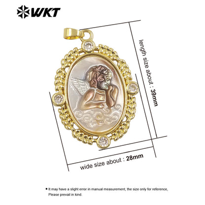 WT-JP371 Wholesale Fashion Gold Plated Oval Shape 18K Real Gold Plated Handmade Carved Mother of Pearl Shell Angel Pendants