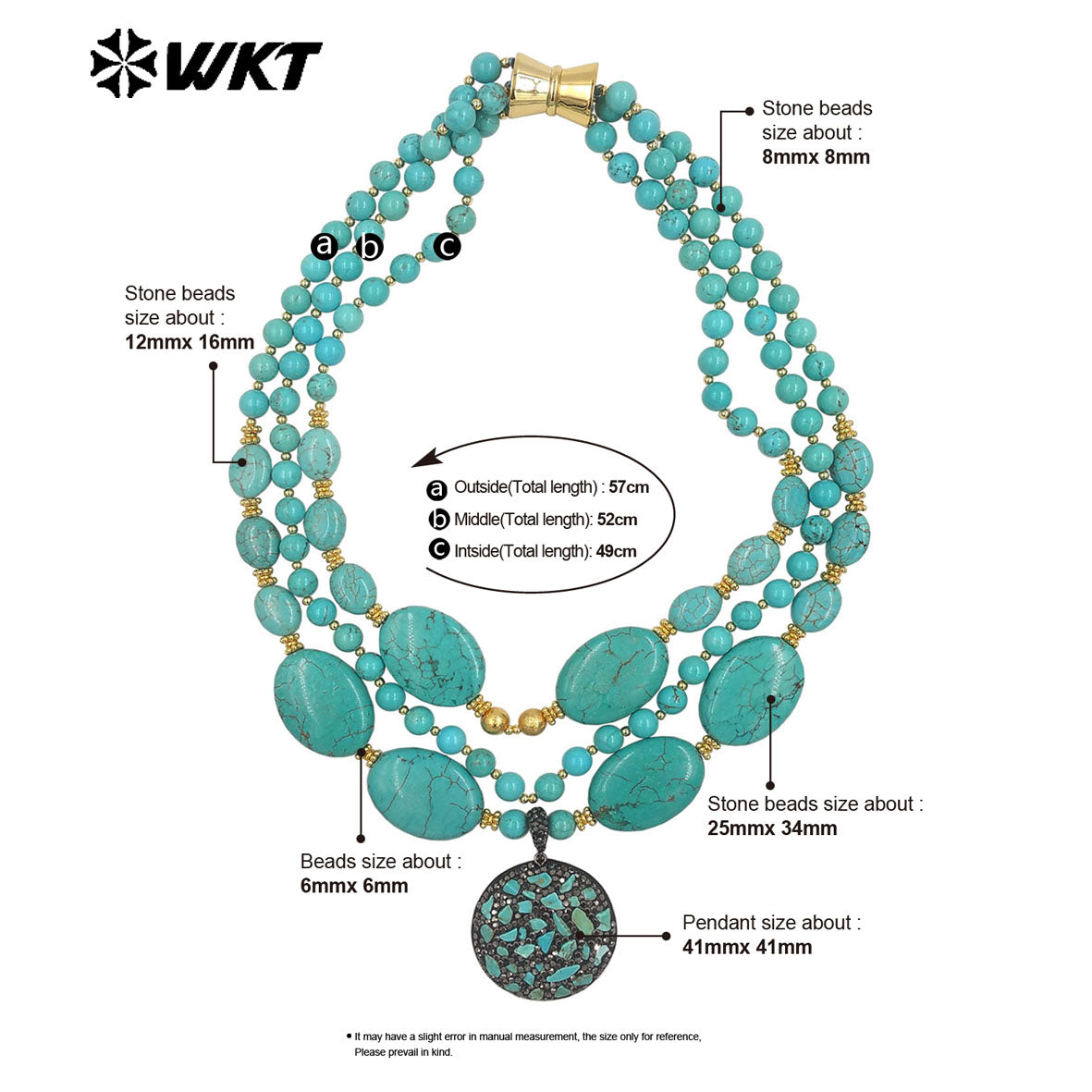 WT-N1506 Gorgeous Luxury Natural Turquoise And Gold Plated Bead With Little Stones Pendant Three Layers Necklace For Unique Gift