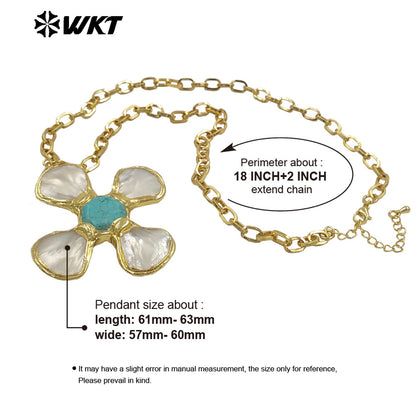 WT-JN346 Popular 18K Gold Plated Natural Turquoise Amethyst Stones And Shell Flower Shape Pendant Necklace As Party Jewelry