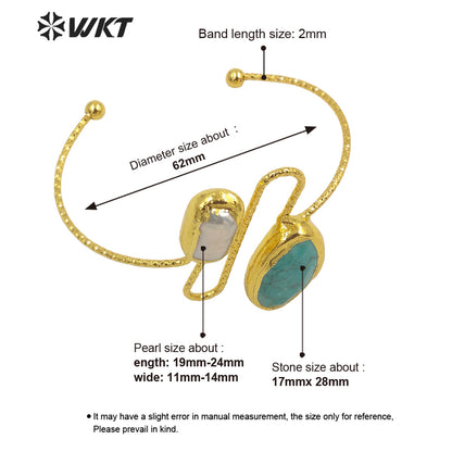 WT-MPB035 Amazing 18k Gold Electroplated Resist Tarnishable Turquoise and Pearl Cuff Bangle Gorgeous Gold Fashion Stone Bangle