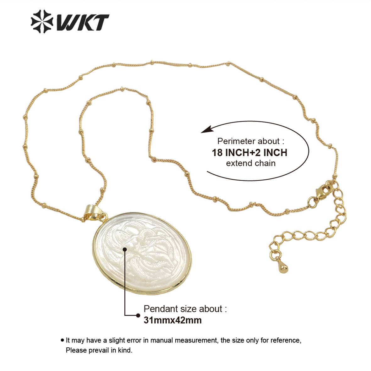 WT-JN144 Fashion Gold Plated the Beauty Girl Handmade Carve Big Mother of Pearl Pendant Necklace Gold Bezel White Shell Necklace