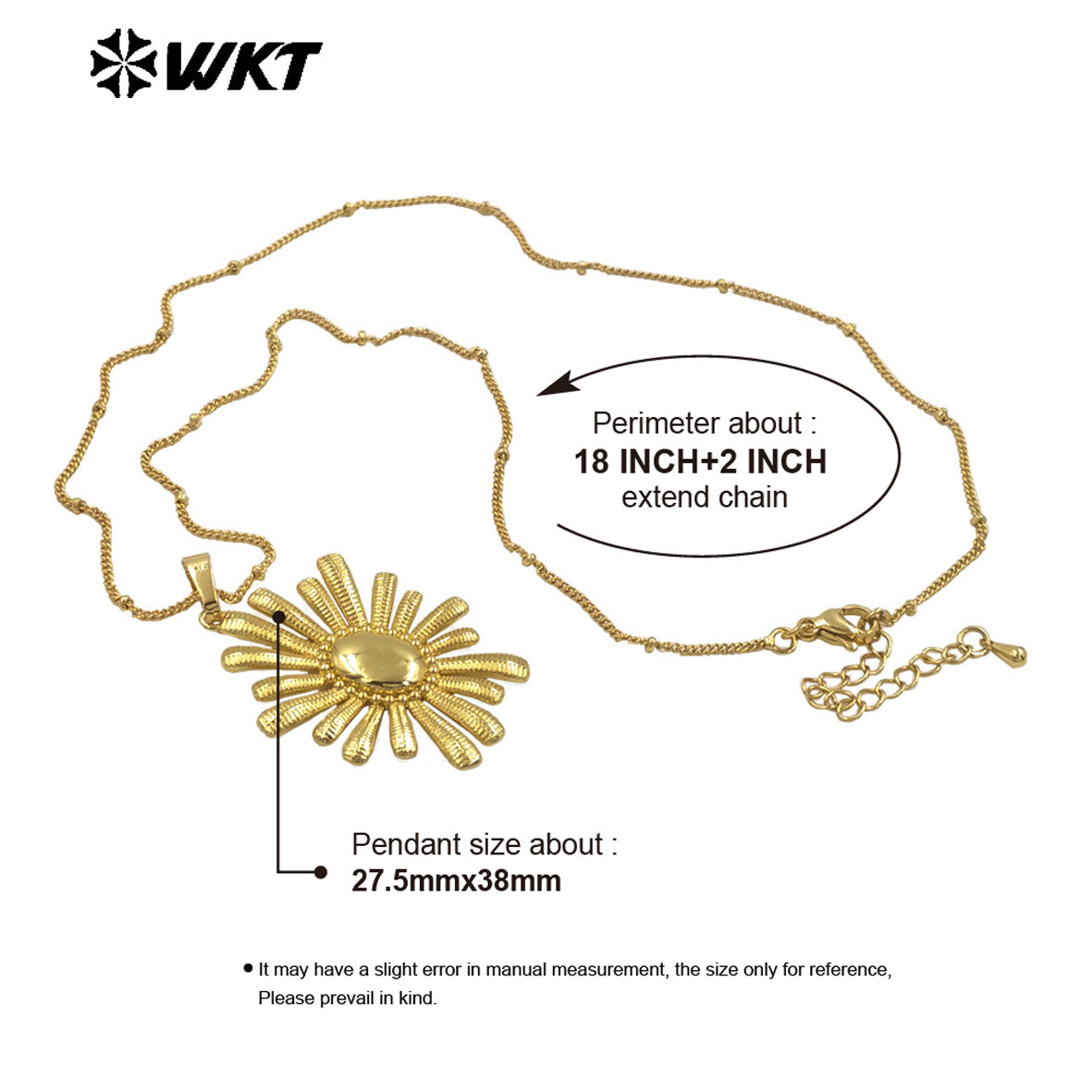 WT-N1482 WKT Wholesale Newest Fashion Gold Plated Metal Carved Resist Tarnish Flower Pendant Necklace