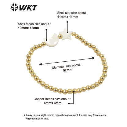 WT-MPB059 Leisure Style Gold 4mm Round Beads Moon Star Bracelet Fashion Lady Charming Shell Handmade Brass Flexible Bracelets