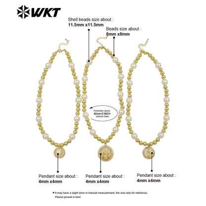 WT-JN304 Hot Sales 18K Gold Plated Natural Brass Round Beads Religious Bodhi Pearl Shell Necklace for Women As Daily Decoration