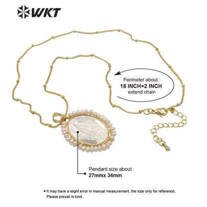 WT-JN158 Wholesale Unique Handmade Fashion Gold Bezel WIRE Wrapped Virgin Mary Pendant Necklace Freshwater Pearl Charm Necklace