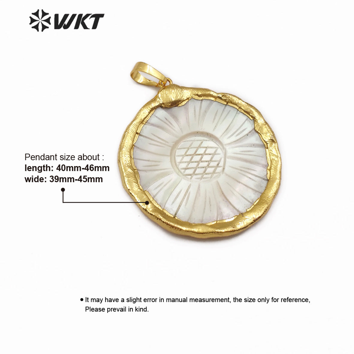 WT-JP154 WKT Jewelry Natural Shell Pendant Flowers Shape Gold Bezel Circular Pendant Women Fashion Necklace Pendant Jewelry