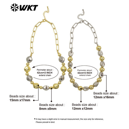 WT-JFN28 New Natural Brass 18K Gold Plated and Silver Irregular Diamond Shaped Flat Bead Necklace for Women As Daily Decoration
