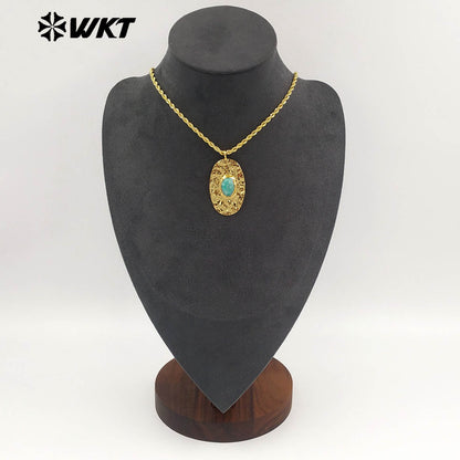 WT-N1538 Elegant Style Brass Chain With Gold Plated Natural Gemstone Oval Pendant Necklace For Lady Friend Birthday Gift