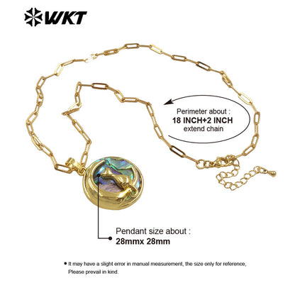 WT-JN332 High Quality Gold Plated Rectangle Chain With Natural Abalone Shell Round Pendant Necklace For Ladies Vintage Jewelry