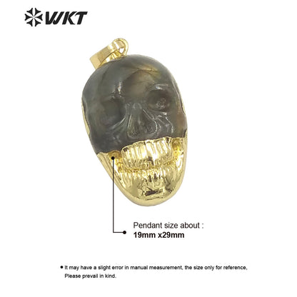 WT-P1956 Wholesale Fashion Unique Cool Natural Labradorite Stone Hand Carving Skull Pendants in Gold Plated