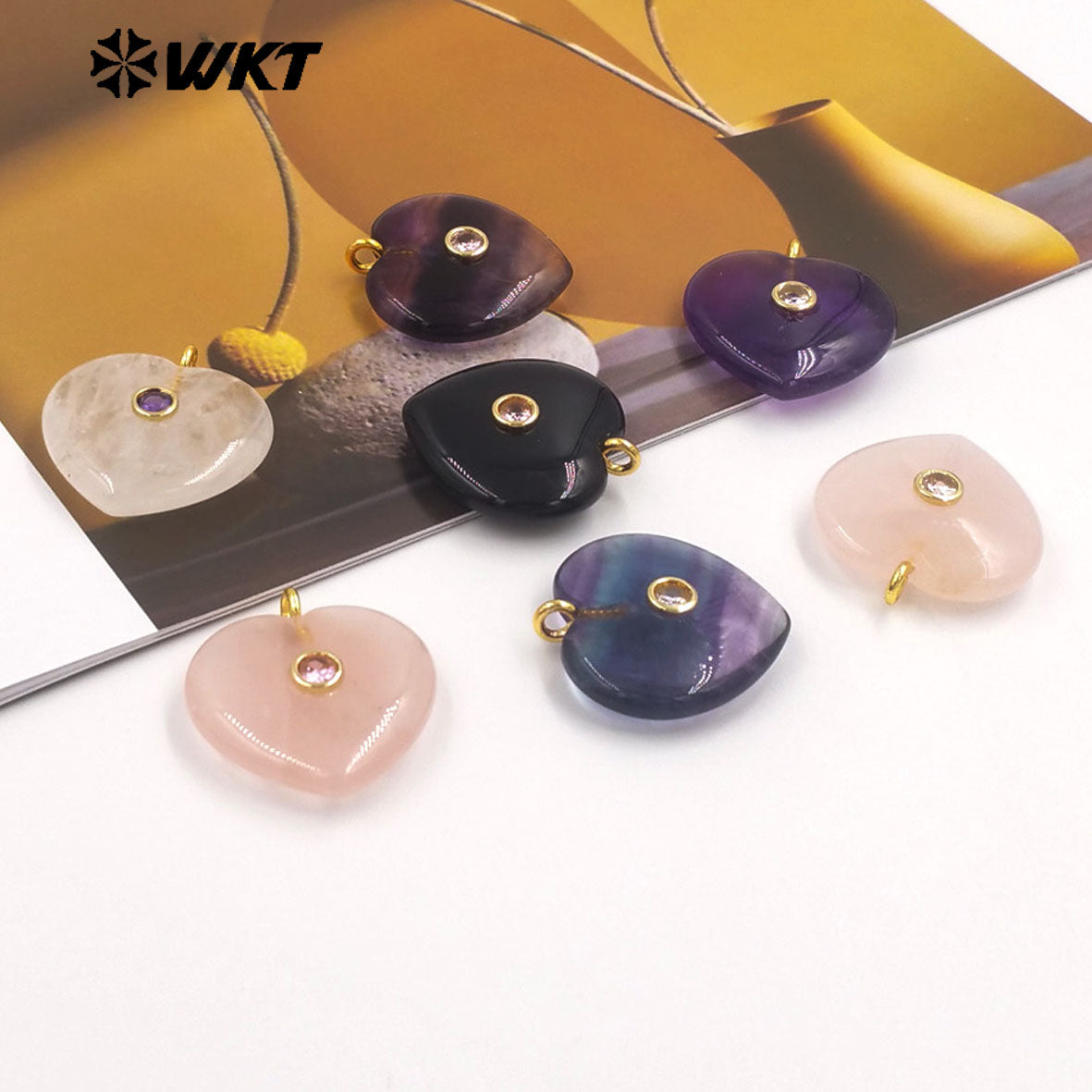 WT-P2087 Lovely Gold Plated Zircon Setting In Natural Gemstone Heart Shape Pendants For Women Romantic Necklace DIY Design