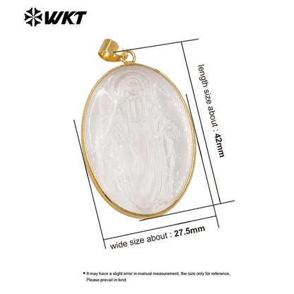WT-JP427 New Sales Gold Plated Oval Shape Natural Crystal Quartz Stone Hand Carved Figure Clear Pendant For Necklace DIY