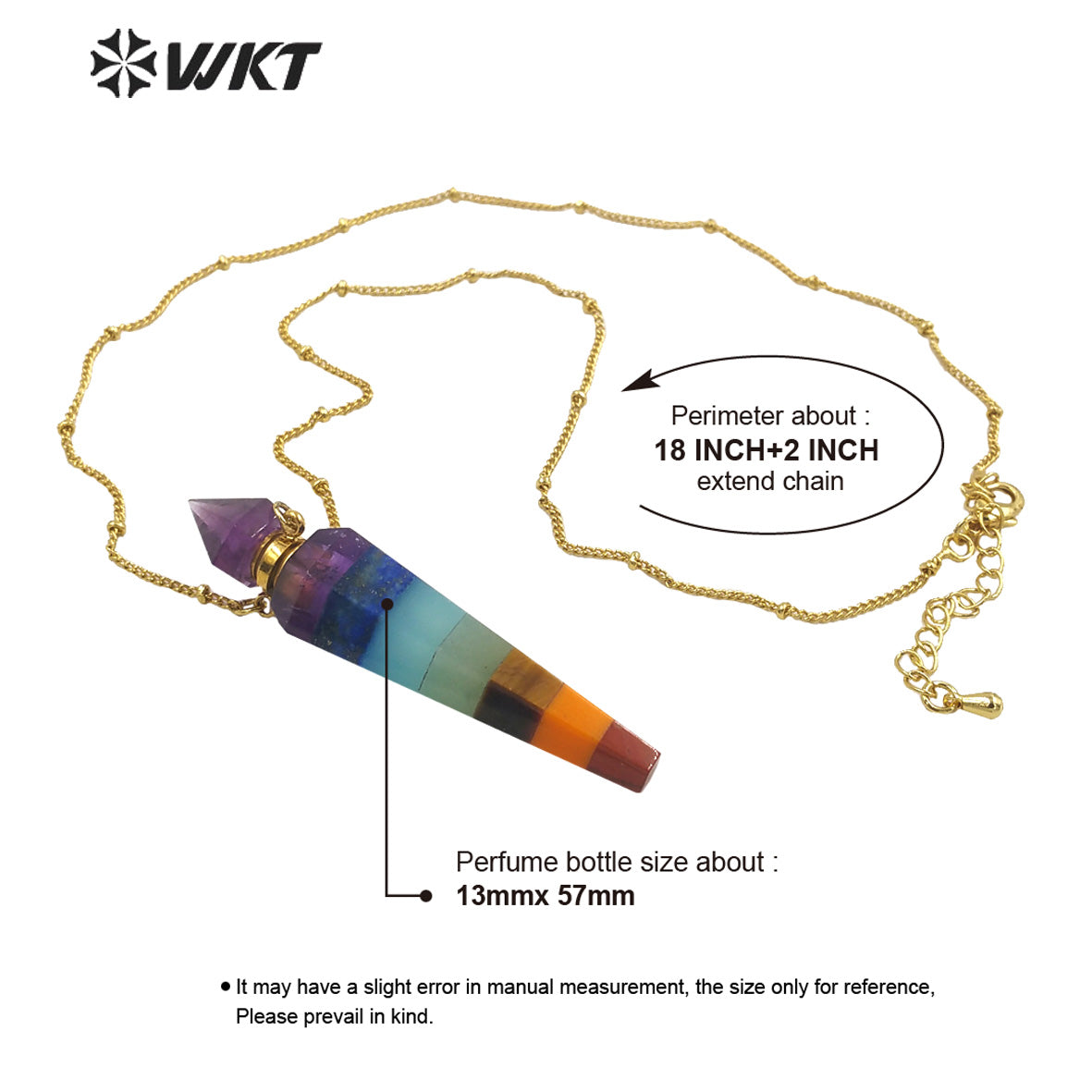 WT-N1406 Wholesale Fashion Energy Seven CHAKELA Natural Stone Essencial Oil Bottle Pendant Necklace with 18k Gold Stellite Chain
