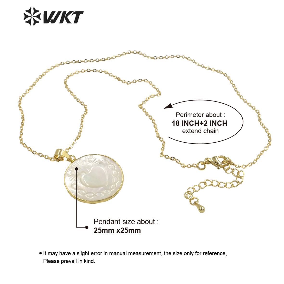 WT-JN181 Women 18k Real Gold Plated Resist Tarnishable Religious Mary Saint Heart Necklace Made of Pearl Shell Necklace