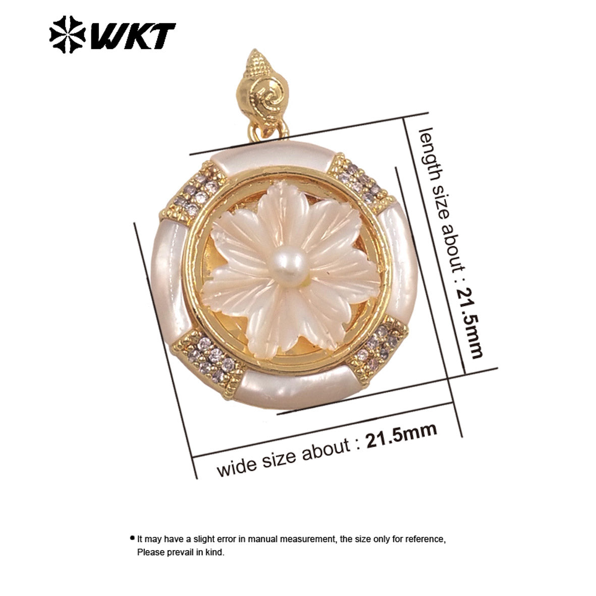 WT-JP469 Delicate Romantic Gold Plated Zircon And Natural Shell Hand Carved Flower Shape Pendant As Women Gifts Making