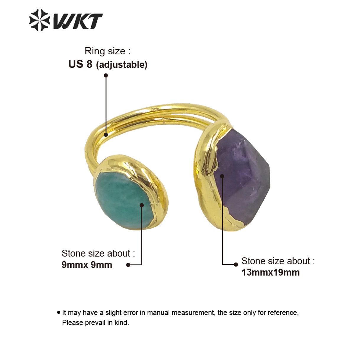 WT-R415 Charming Amethyst Amazonite Combination Ring Opening Adjustable Rings 18k Gold Plated Women Gifts Natural Stone Ring