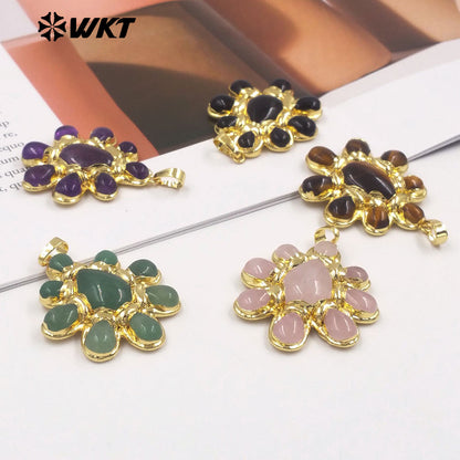 WT-P2085 Exclusive Charms Back Full Gold Plated Various Natural Gemstones Flower Big Pendants For Elegant Necklace Making