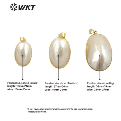 WT-JP338 Wholesale Fashion Gold Bezel Brightly Natural Mabe Shell Pendant Long Oval pink Shell Jewelry Pendant for Friend Gift