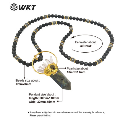 WT-N1244 Women Fashon Big Hexagonal Cube Spirit Point Beads Necklace Natural Labradorite Black Stone Statement Stone Necklace