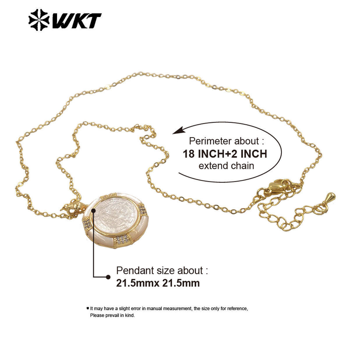 WT-JN364 Wholesale Gold Plated Natural Shell With Zircon Round Religious Style Pattern Pendant Necklace For Lady Jewelry