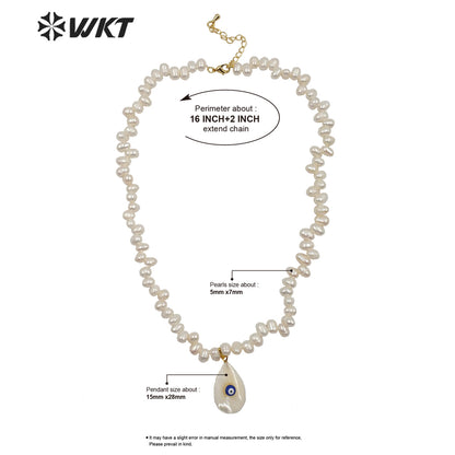 WT-JN115 Wholesale 16" Natural Pearl Beads Necklace With Eye Charm Shell Pendant Fashion Lady Jewelry Pearl Necklace