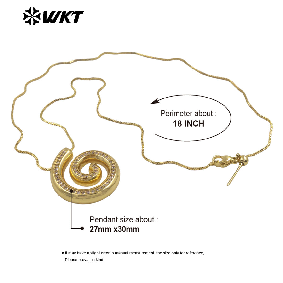WT-JFN62 New Product Thin Chain Gold Plated Yellow Brass And Zircon Spiral Shape Pendant Necklace As Girls Birthday Gift