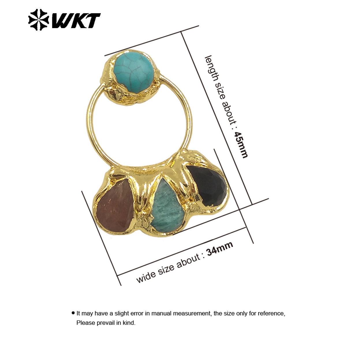 WT-E755 WKT Exclusive Hand Made Multi Natural Stone Big Statement 18K Gold Plated Water Drop Pendant Earrings