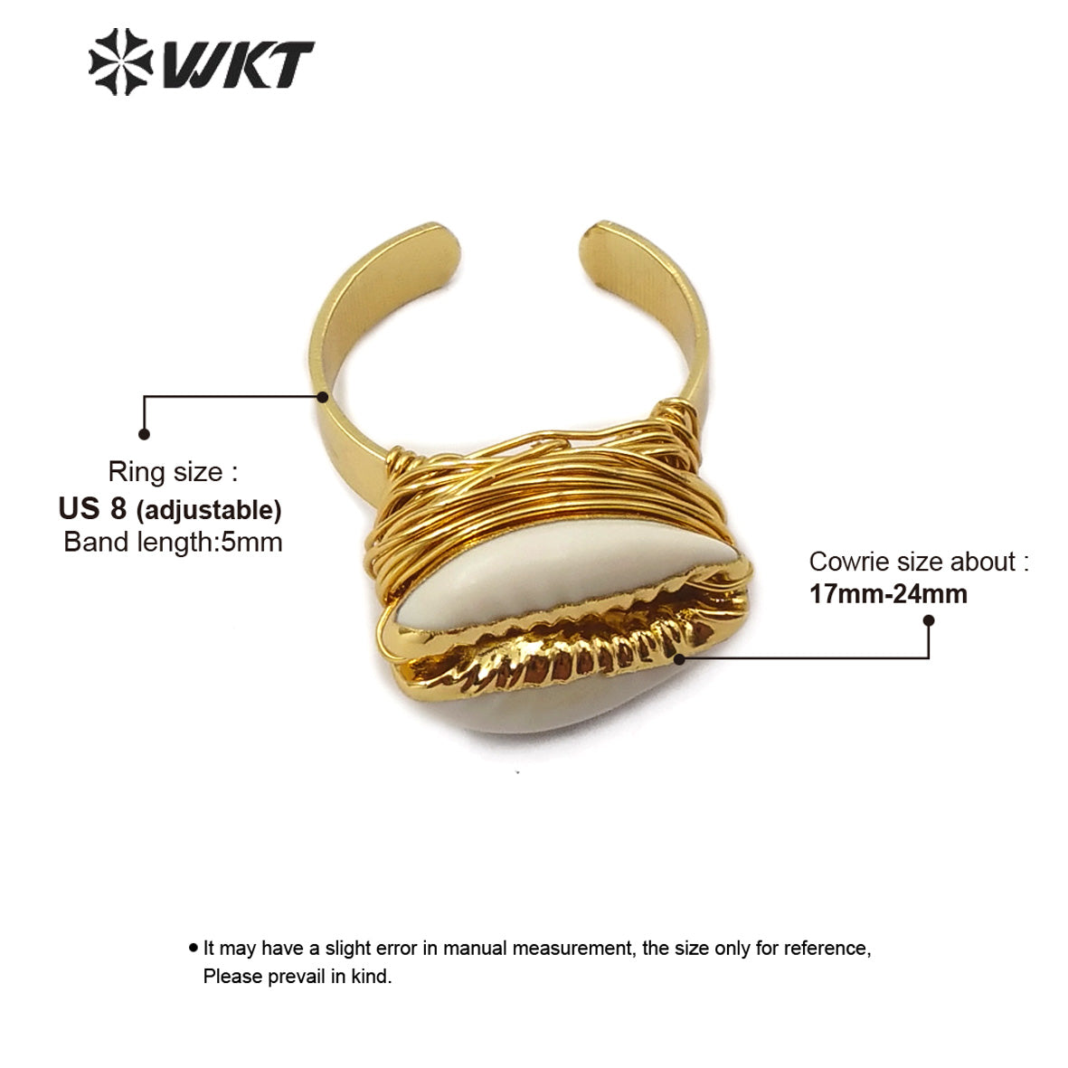 WT-R339 Wholesale Wire Wrapped Cowrie Ring New Arrival Natural Cowrie Gold Electroplated Ring Women Charm Jewelry Ring