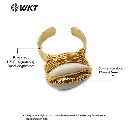 WT-R339 Wholesale Wire Wrapped Cowrie Ring New Arrival Natural Cowrie Gold Electroplated Ring Women Charm Jewelry Ring