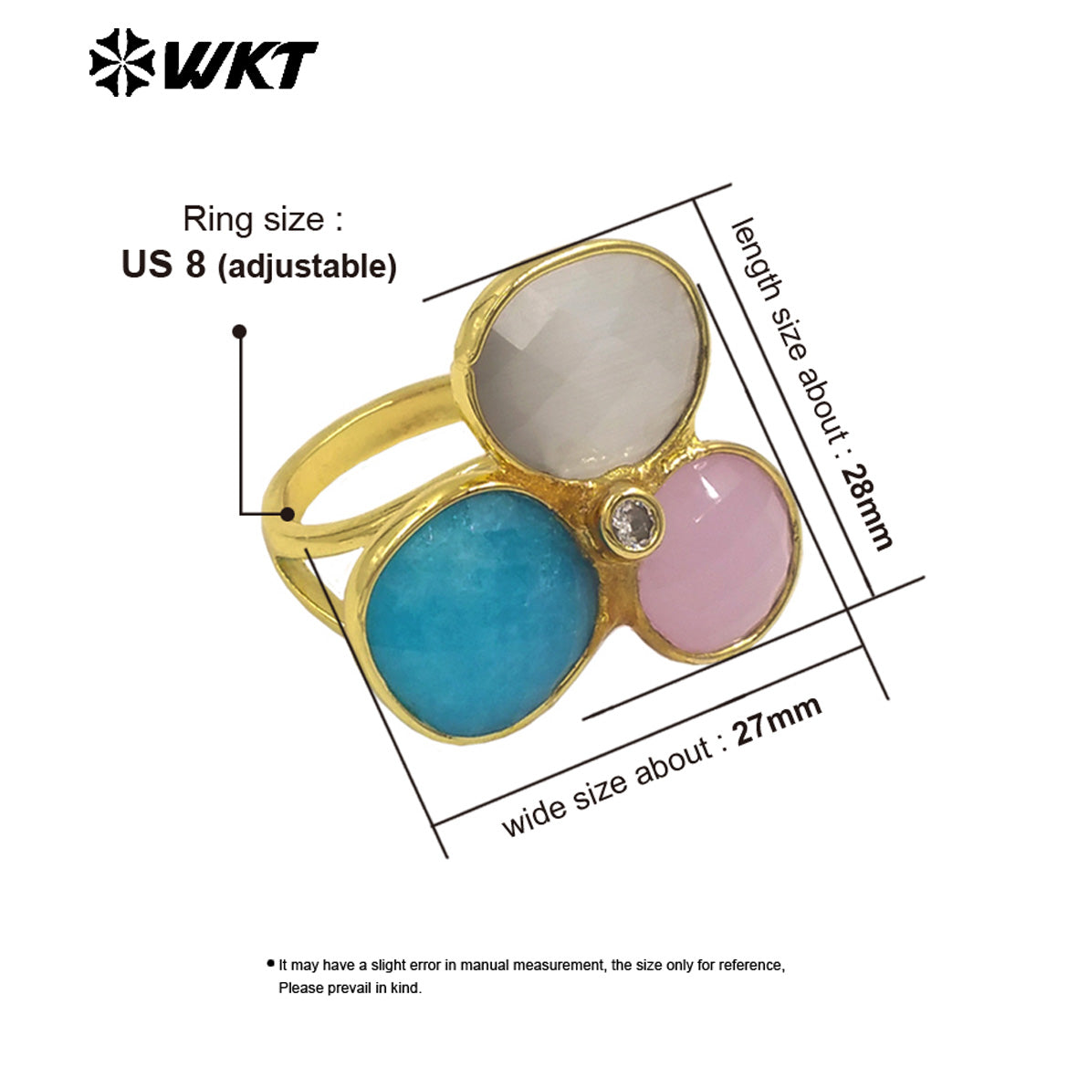 WT-R581 Fashion Lovely 18K Gold Plated Three Natural Cat Eye Stones Triangle Adjustable Women Rings For Anniversary Gift