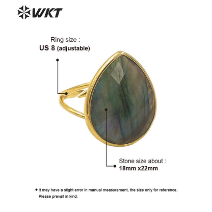 WT-R505 Gorgeous Big Drop Stone Amazonite Tiger Eye and Labradorite 18K Gold Plated Gemstone Women Birthday Ring
