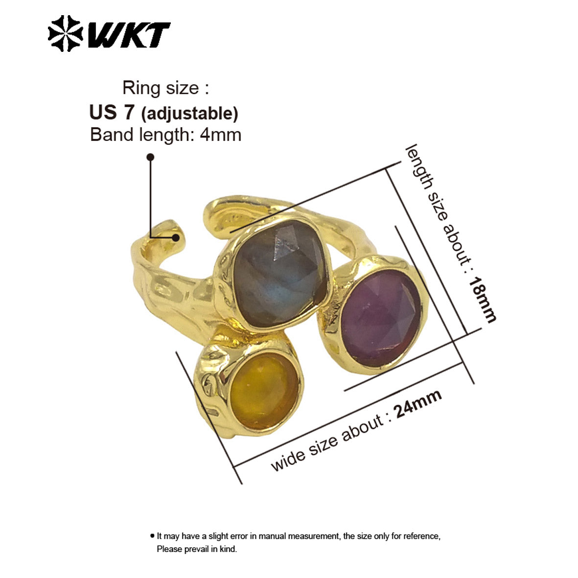 WT-R590 Boutique Fashion Gold Plated Three Natural Gemstones Triangle Adjustable Rings For Female Birthday Gift Accessories