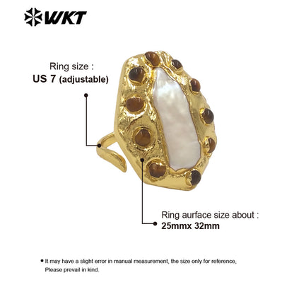 WT-MPR132 Wholesale Punk Style Ring 18K Gold Plated With Natural Stone and Pearl Handmade Daily Ring