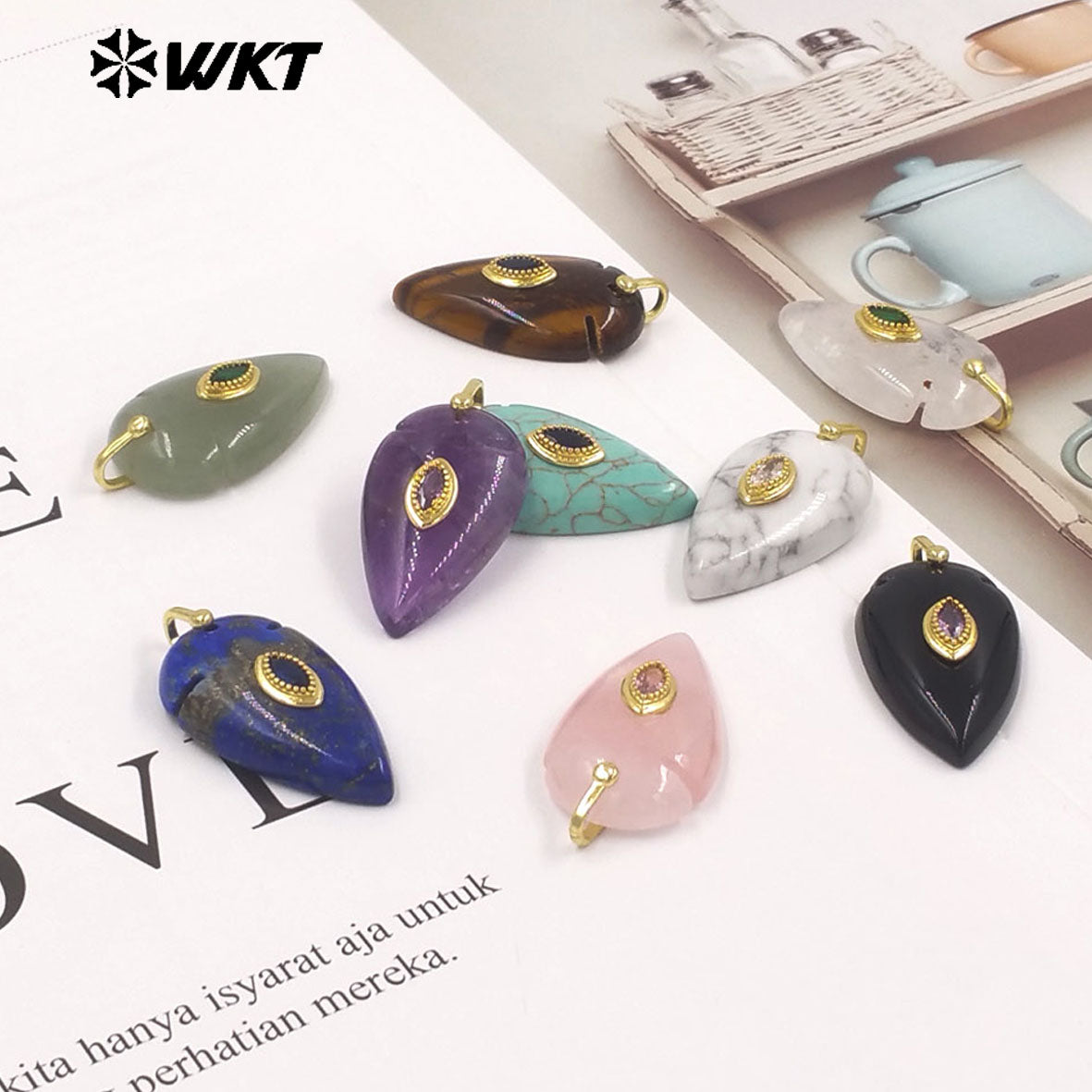 WT-P2144 New Product Colorful Zircon And Natural Gemstones Pointed Waterdrop Shape Gold Pendants For Unique Jewelry Making