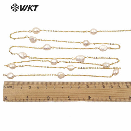 WT-RBC164 Fashion Women Hand Make Natural Freshwater Pearl Chain for Necklace Design 18k Gold Electroplated No Fade Pearl Chain