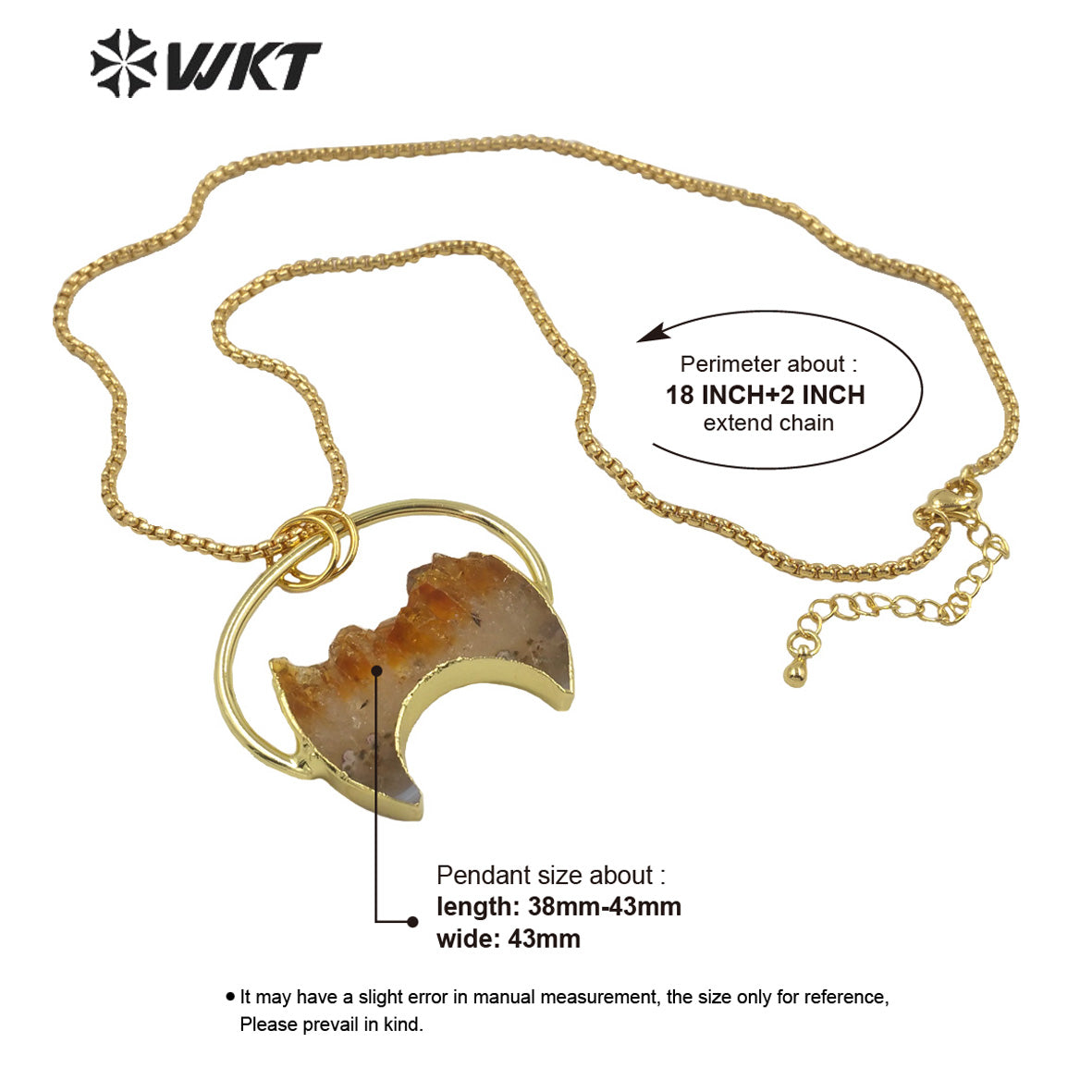 WT-N1267 WKT Amazing Design 18k Gold Plated Natural Yellow Citrine Quartz Crescent Horn Stone Necklace Precious Birthday Stone