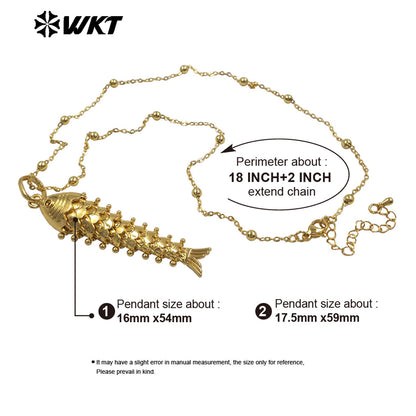 WT-N1515 Exquisite Thin Beads Chain Gold Electroplated Yellow Brass Fish Shape Pendant Necklace For Friends New Year Gift
