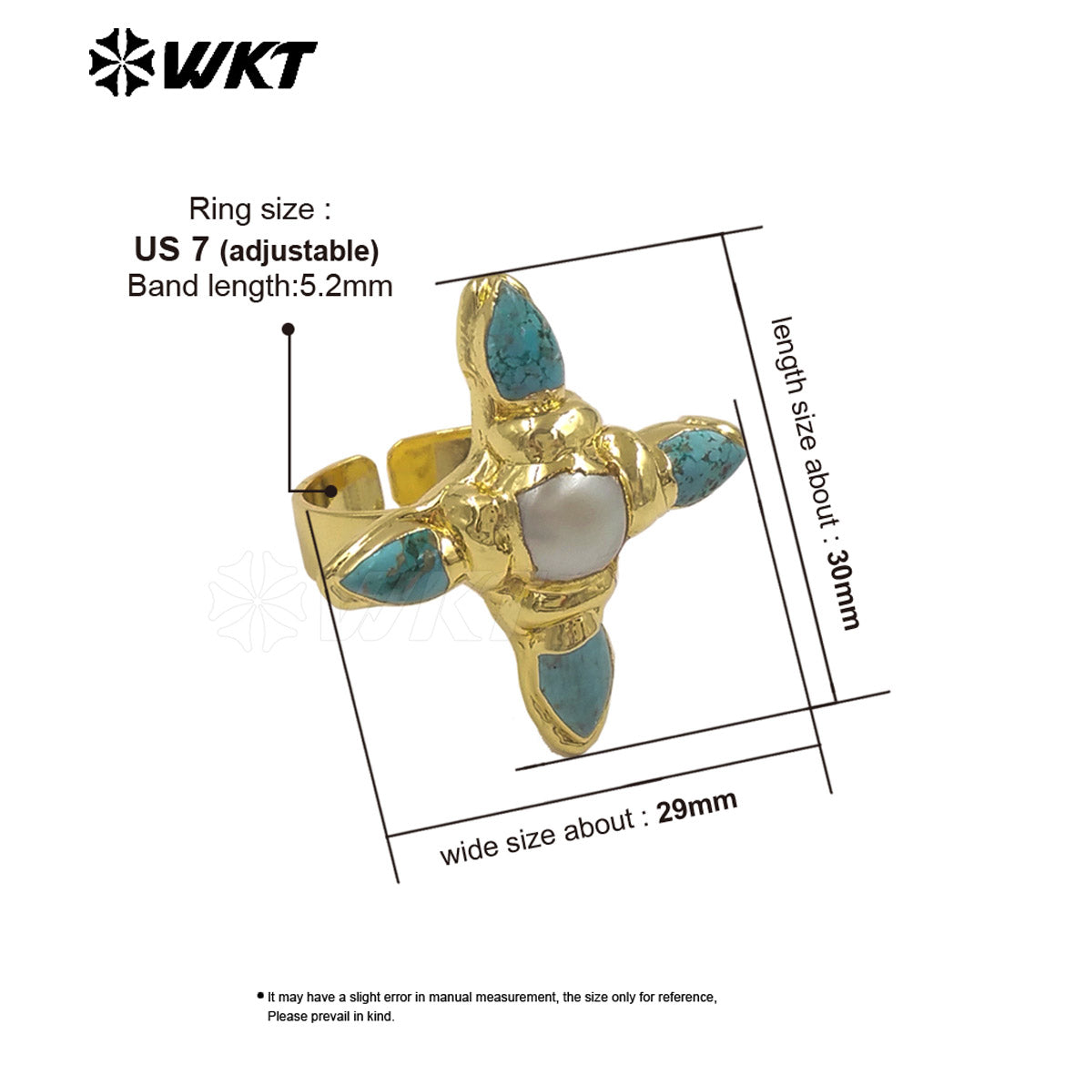 WT-MPR162 Exclusive Design Gold Plated Natural Turquoise And Pearl Cross Rings For Female Dance Party Wearing Accessory