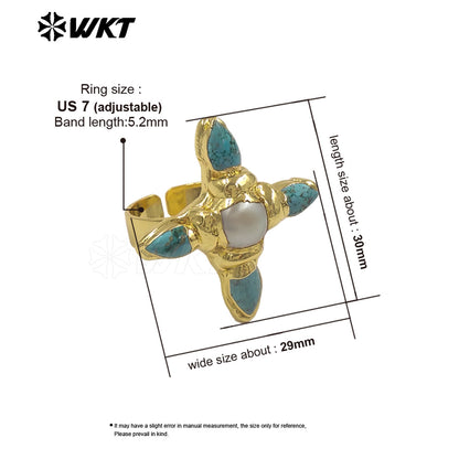 WT-MPR162 Exclusive Design Gold Plated Natural Turquoise And Pearl Cross Rings For Female Dance Party Wearing Accessory