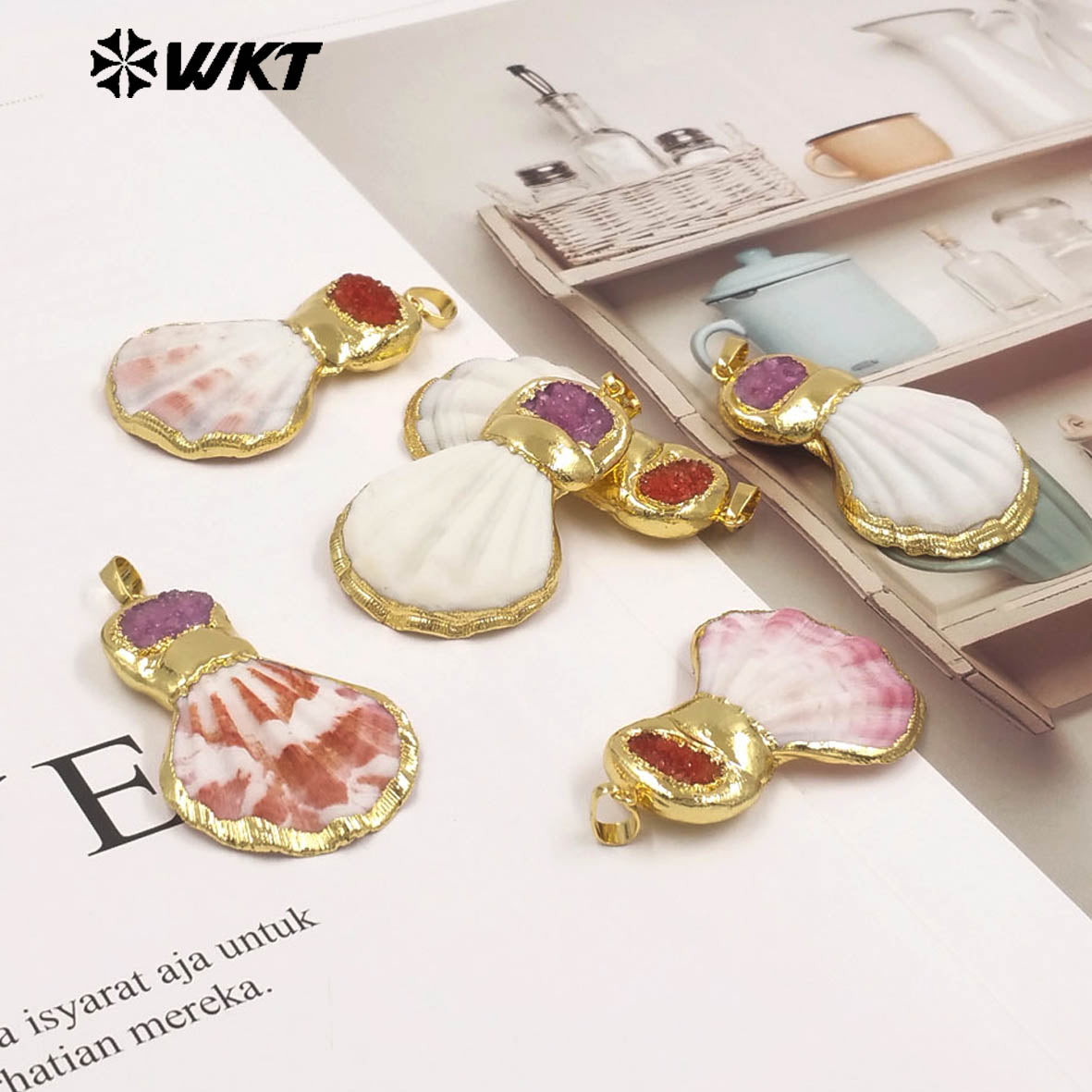 WT-JP507 New Arrival Gold Electroplated Natural Scallop Shell And Druzy Quartz Stone Splicing Pendant For Unique Jewelry DIY