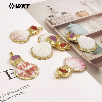 WT-JP507 New Arrival Gold Electroplated Natural Scallop Shell And Druzy Quartz Stone Splicing Pendant For Unique Jewelry DIY