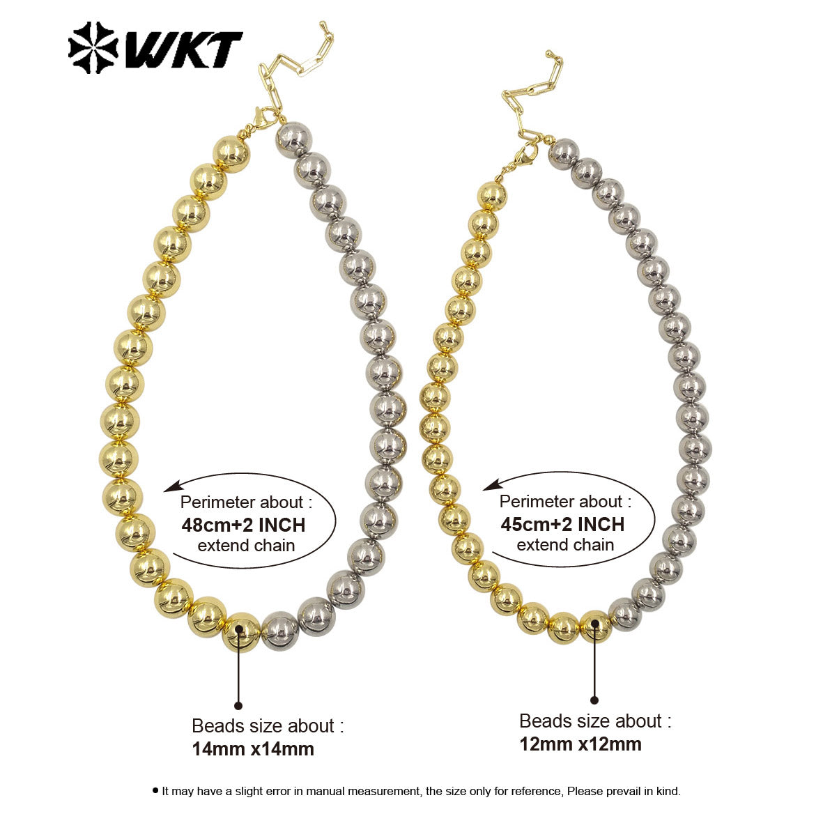 WT-JFN12 Wholesale Fashion 18k Real Gold Plated Double Color Mixsure Design Unique Brass Ball Beads Necklace