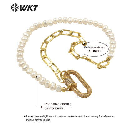 WT-MN975 Amazing Feature 18k Real Gold Plated Combine Chain Necklace Lady Elegant Freshwater Pearl Chain CZ Clasp Necklace