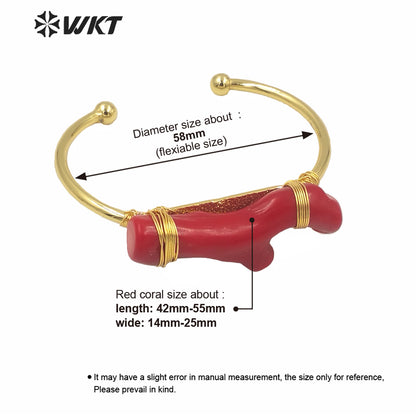WT-B568 Newest Women Hand Make Wire Wrapped Red Coral Gold Bangle Women Open Size Adjustable Boho Red Coral Bangle