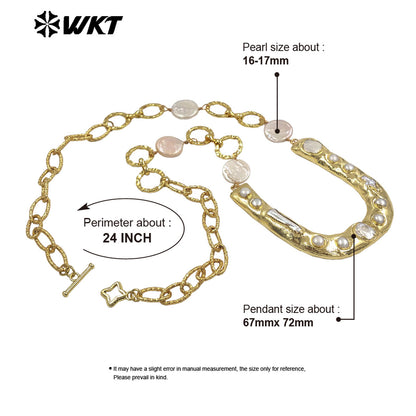 WT-JN368 Luxury Gold Plated Natural Freshwater Pearl Chain And U Shape Big Pendant Necklace For Girls Anniversary Present