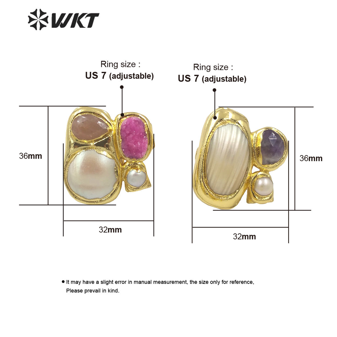 WT-MPR083 Newest Exclusive WKT Design 18k Real Gold Plated Resist Tarnishable Multi Stone and Pearl Women Ring in Adjustable